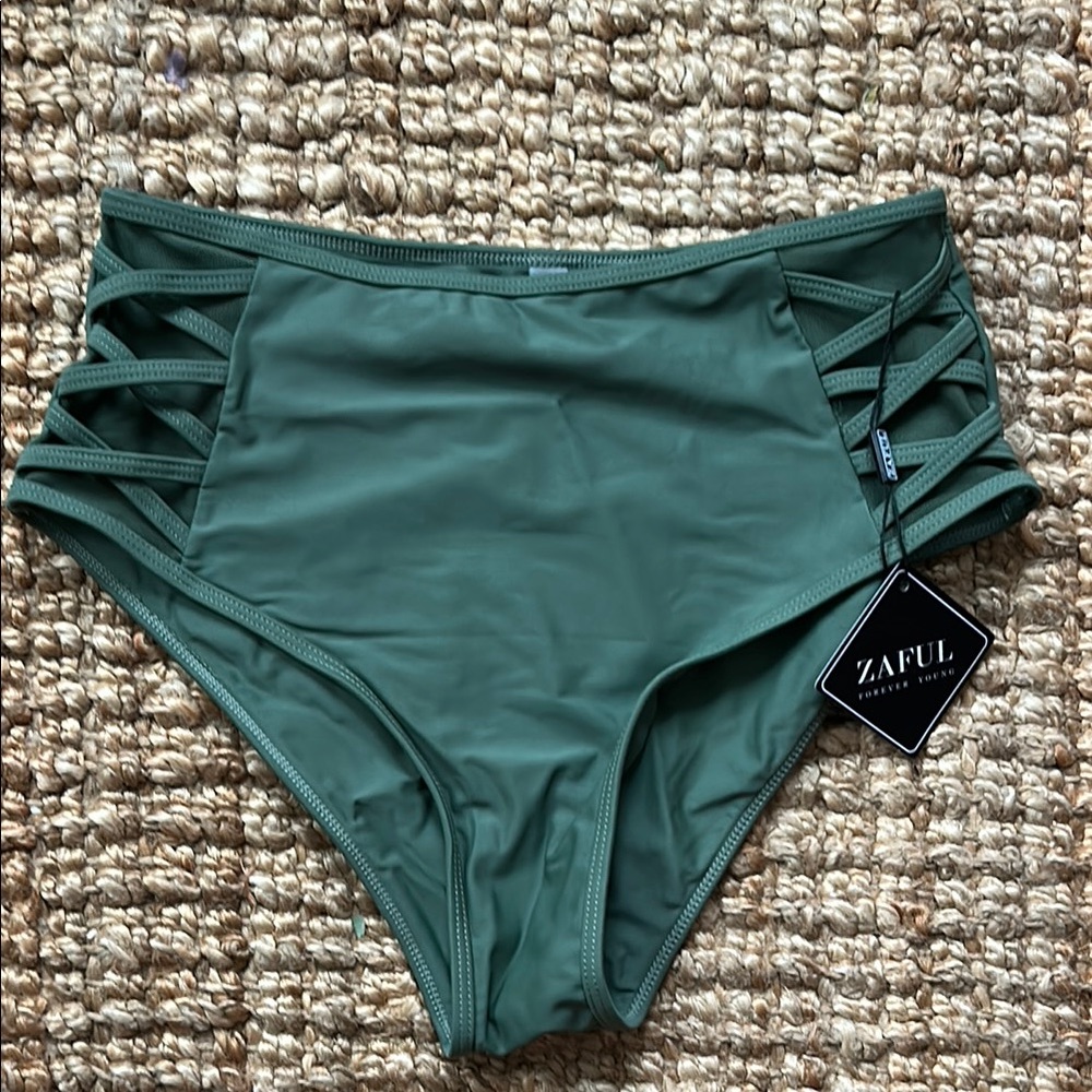 Zaful Olive green mesh cut out cross cross bikini tankini swim suit bottom med 6
